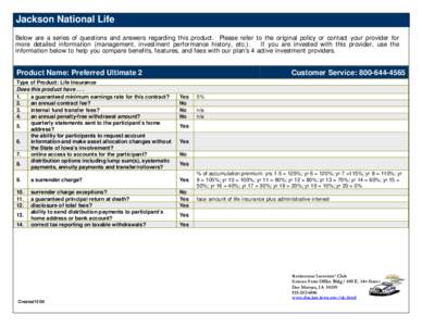 Jackson National Life Below are a series of questions and answers regarding this product. Please refer to the original policy or contact your provider for more detailed information (management, investment performance his