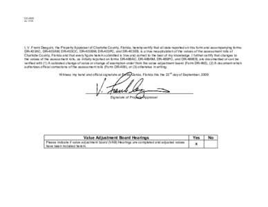 CC-403 revI, V. Frank Desguin, the Property Appraiser of Charlotte County, Florida, hereby certify that all data reported on this form and accompanying forms DR-403AC, DR-403AM, DR-403CC, DR-403BM, DR-403PC, and 