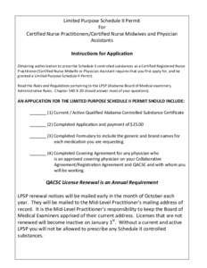 Limited Purpose Schedule II Permit For Certified Nurse Practitioners/Certified Nurse Midwives and Physician Assistants Instructions for Application Obtaining authorization to prescribe Schedule II controlled substances a