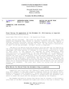 UNITED STATES BANKRUPTCY COURT Eastern District of California Honorable Ronald H. Sargis Bankruptcy Judge Modesto, California November 20, 2014 at 10:00 a.m.