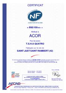 CERTIFICAT  N° B95/109 RÉV. 11 Attribué à