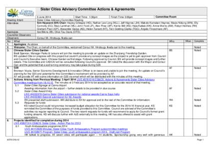 Sister Cities Advisory Committee Actions & Agreements Date Meeting Intent Attendees  Committee Room