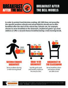 BreaKfast after the Bell Models In order to protect local decision-making, AB 1240 does not prescribe the specific practices schools and school districts should use to offer breakfast after the start of the school day. S