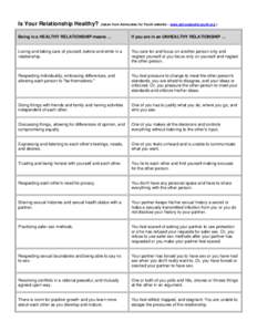 Is Your Relationship Healthy?  (taken from Advocates for Youth website – www.advocatesforyouth.org ) Being in a HEALTHY RELATIONSHIP means …