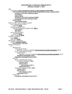 ICD-9-CM Index to Diseases Addenda (FY11) Effective October 1, 2010 ABO incompatibility (due to transfusion of blood or blood products) reaction[removed]with hemolytic transfusion reaction (HTR) (not specified as acute or 