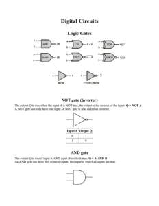 Digital Circuits Logic Gates NOT gate (Inverter) The output Q is true when the input A is NOT true, the output is the inverse of the input: Q = NOT A A NOT gate can only have one input. A NOT gate is also called an inver