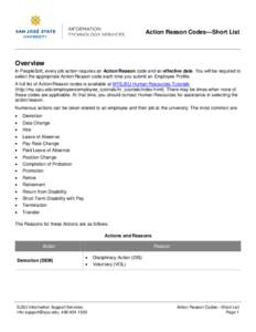 Action Reason Codes—Short List  Overview In PeopleSoft, every job action requires an Action/Reason code and an effective date. You will be required to select the appropriate Action/Reason code each time you submit an E