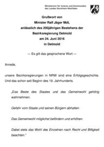 Grußwort von Minister Ralf Jäger MdL anlässlich des 200jährigen Bestehens der Bezirksregierung Detmold am 24. Juni 2016 in Detmold