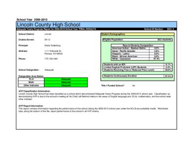 School Year[removed]Lincoln County High School Adequate Yearly Progress Report for[removed]School Year *FINAL RESULTS  School ID Number:
