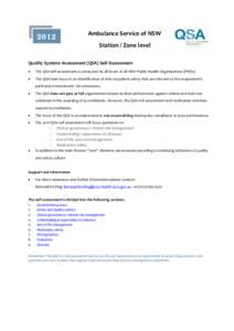 2012  Ambulance Service of NSW Station / Zone level  Quality Systems Assessment (QSA) Self Assessment