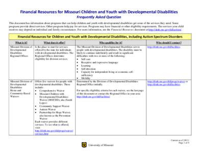 Financial Resources for Missouri Children and Youth with Developmental Disabilities Frequently Asked Question This document has information about programs that can help children and youth with developmental disabilities 