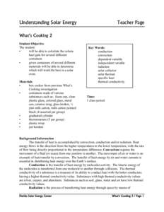 Understanding Solar Energy  Teacher Page What’s Cooking 2 Student Objective