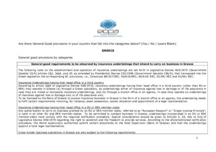 Are there General Good provisions in your country that fall into the categories below? (Yes / No / Leave Blank) GREECE General good provisions by categories General good requirements to be observed by insurance undertaki