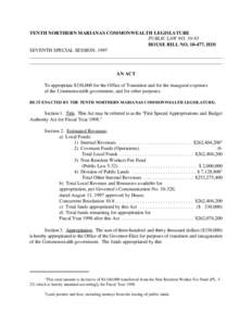 TENTH NORTHERN MARIANAS COMMONWEALTH LEGISLATURE PUBLIC LAW NO[removed]HOUSE BILL NO[removed], HD1 SEVENTH SPECIAL SESSION, 1997 ______________________________________________________________________________ ______________