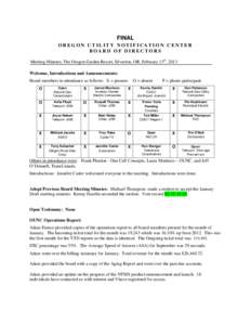 FINAL OREGON UTILITY NOTIFICATION CENTER BOARD OF DIRECTORS Meeting Minutes, The Oregon Garden Resort, Silverton, OR, February 13th, 2013 Welcome, Introductions and Announcements: Board members in attendance as follows: 