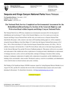 National Park Service U.S. Department of the Interior Sequoia and Kings Canyon National Parks