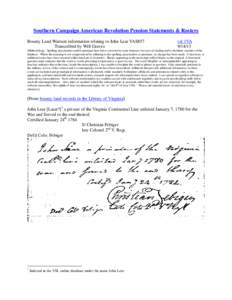 Southern Campaign American Revolution Pension Statements & Rosters Bounty Land Warrant information relating to John Lear VAS857 Transcribed by Will Graves vsl 1VA[removed]