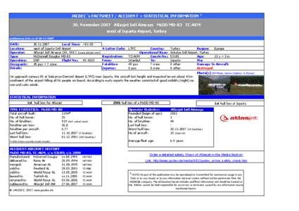 JACDEC´s FACTSHEET / ACCIDENT + STATISTICAL INFORMATION[removed]November 2007 Atlasjet Intl Airways McDD MD-83 TC-AKM west of Isparta Airport, Turkey preliminary data as of[removed]DATE: