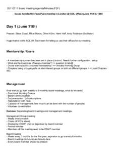 [removed] Board meeting Agenda/Minutes (F2F) Issues handled by Face2Face meeting in London @ AOL offices (June 11th & 12th) Day 1 (June 11th) Present: Steve Coast, Mikel Maron, Oliver Kühn, Hen