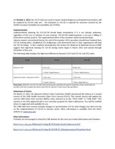 On October 1, 2014, the ICD-9 code sets used to report medical diagnoses and inpatient procedures will be replaced by ICD-10 code sets. The transition to ICD-10 is required for everyone covered by the Health Insurance Po