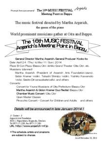 Prompt Announcement!  The 16th MUSIC FESTIVAL Meeting Point in Beppu  The music festival directed by Martha Argerich,