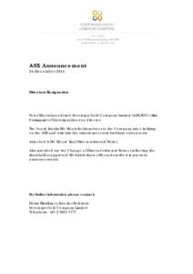 ASX Announcement 24 December 2014 Directors Resignation  Peter Meers has advised Sovereign Gold Company Limited (ASX:SOC) (the