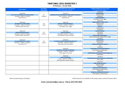 TIMETABLE 2015-SEMESTER 1 23 February – 19 June 2015 BLOCK MODES Block Mode Census dates