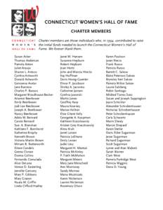 CONNECTICUT WOMEN’S HALL OF FAME CHARTER MEMBERS Charter members are those individuals who, in 1994, contributed to raise the initial funds needed to launch the Connecticut Women’s Hall of Fame. We forever thank them