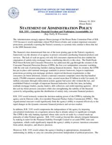 Statement of Administration Policy on H.R[removed]Consumer Financial Freedom and Washington Accountability Act