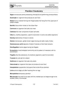 Unit Six SSWIMS/Plankton Plankton Vocabulary Algae-nonvascular plants possessing chlorophyll and performing photosynthesis Autotroph-an organism that produces its own food