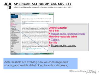 AAS Journals are evolving how we encourage data sharing and enable data linking to author datasets; NDS Consortium WorkshopMuench journals.aas.org  1