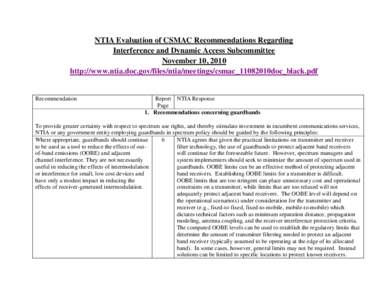 NTIA Evaluation of CSMAC Recommendations Regarding Interference and Dynamic Access Subcommittee November 10, 2010 http://www.ntia.doc.gov/files/ntia/meetings/csmac_11082010doc_black.pdf  Recommendation