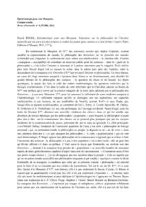 Epistémologie pour une Marquise, Compte rendu. Revue Fontenelle n° 9, PURH, 2012. Pascal ENGEL, Epistémologie pour une Marquise. Entretiens sur la philosophie de l’histoire naturelle qui ont paru les plus propres à