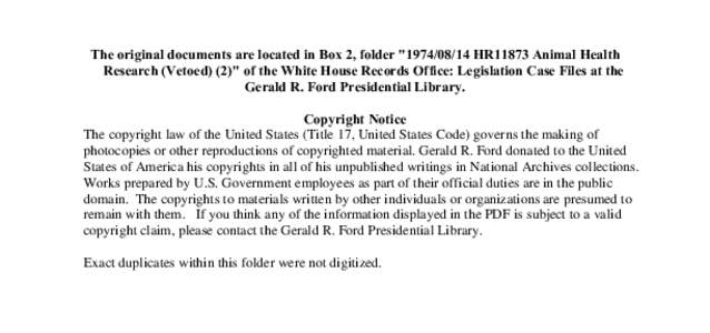 [removed]HR11873 Animal Health Research (Vetoed) - 2