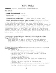 Course Syllabus Department: Physical Education and Integrated Health Date: I. Course Prefix and Number: PE 122 Course Name: Concepts of Wellness Credit Hours and Contact Hours: