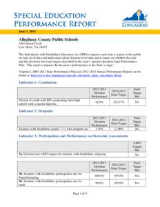 June 1, 2014  Alleghany County Public Schools 100 Central Circle Low Moor, VA[removed]The Individuals with Disabilities Education Act (IDEA) requires each state to report to the public