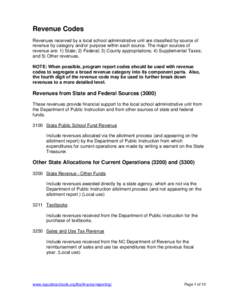Revenue Codes Revenues received by a local school administrative unit are classified by source of revenue by category and/or purpose within each source. The major sources of revenue are: 1) State; 2) Federal; 3) County a