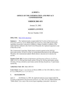 ALBERTA OFFICE OF THE INFORMATION AND PRIVACY COMMISSIONER ORDER[removed]January 25, 2002