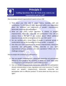 Principle 3 Guiding Questions: How do I look at my context, my organization and my-self? How to analyze relevant organizational aspects of your CSO  Think about your CSO, with its unique history, mandate, staff, and c