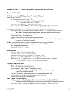 Vesalius SCALpel™ : Parathyroid, pituitary (see also: head and neck folios) Hyperparathyroidism 84% solitary adenoma, 12% hyperplasia, 3% multiple, 1% cancer primary: 90% idiopathic df: simultaneous high Ca++ and PTH m