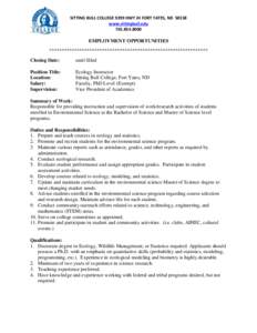 SITTING BULL COLLEGE 9299 HWY 24 FORT YATES, ND[removed]www.sittingbull.edu[removed]EMPLOYMENT OPPORTUNITIES ***************************************************************