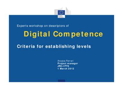 Experts workshop on descriptors of  Digital Competence Criteria for establishing levels Anusca Ferrari Project manager