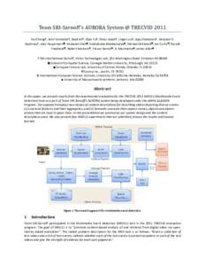 Team SRI-Sarnoff’s AURORA System @ TRECVID 2011 Hui Cheng†, Amir Tamrakar†, Saad Ali†, Qian Yu†, Omar Javed†, Jingen Liu†, Ajay Divakaran†, Harpreet S. Sawhney†, Alex Hauptmann♦, Mubarak Shah♠, Subh