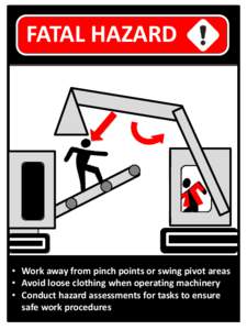 FATAL HAZARD  • Work away from pinch points or swing pivot areas • Avoid loose clothing when operating machinery • Conduct hazard assessments for tasks to ensure safe work procedures