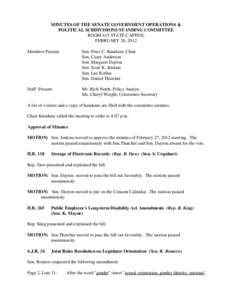 MINUTES OF THE SENATE GOVERNMENT OPERATIONS & POLITICAL SUBDIVISIONS STANDING COMMITTEE ROOM 415 STATE CAPITOL FEBRUARY 28, 2012 Members Present: