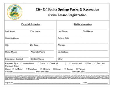 City Of Bonita Springs Parks & Recreation Swim Lesson Registration Parents Information Childs Information