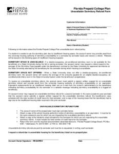 Florida Prepaid College Plan Unavailable Dormitory Refund Form Customer Information: Name of Account Owner or Authorized Representative of Business/Organization/Trust