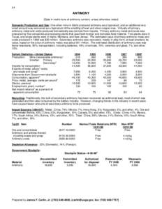 24  ANTIMONY (Data in metric tons of antimony content, unless otherwise noted) Domestic Production and Use: One silver mine in Idaho produced antimony as a byproduct, and an additional very small amount was recovered as 