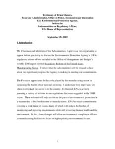 EPA: OCIR: Testimony of Brian Mannix, Associate Administrator, Office of Policy, Economics and Innovation, U.S. Environmental Protection Agency, before the Subcommittee on Regulatory Affairs, U.S. House of Representative