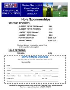 Monday, May 11, 2015  47th ANNUAL GOLF OUTING  Upper Montclair